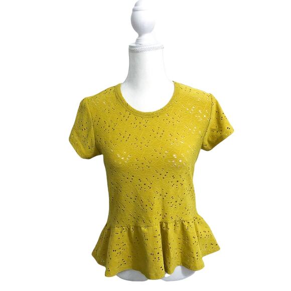 Nanette Lepore Yellow Peplum Eyelet Blouse Top - Picture 3 of 10